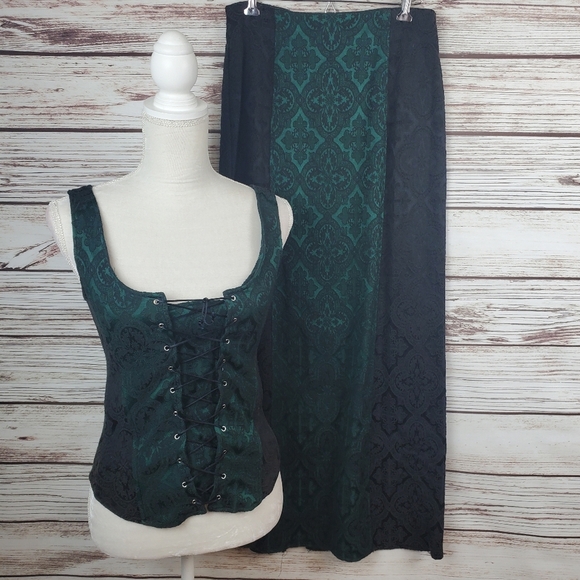 Morbid Threads Med Vtg Y2K Green/Black Brocade Corset Top & Maxi Skirt 2-pc Set